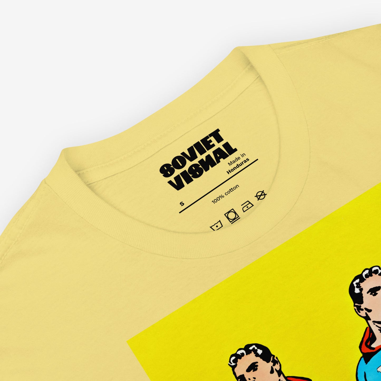 Superpowers T-shirt. Two supermen style figures running – CCCP and USA comic parody art