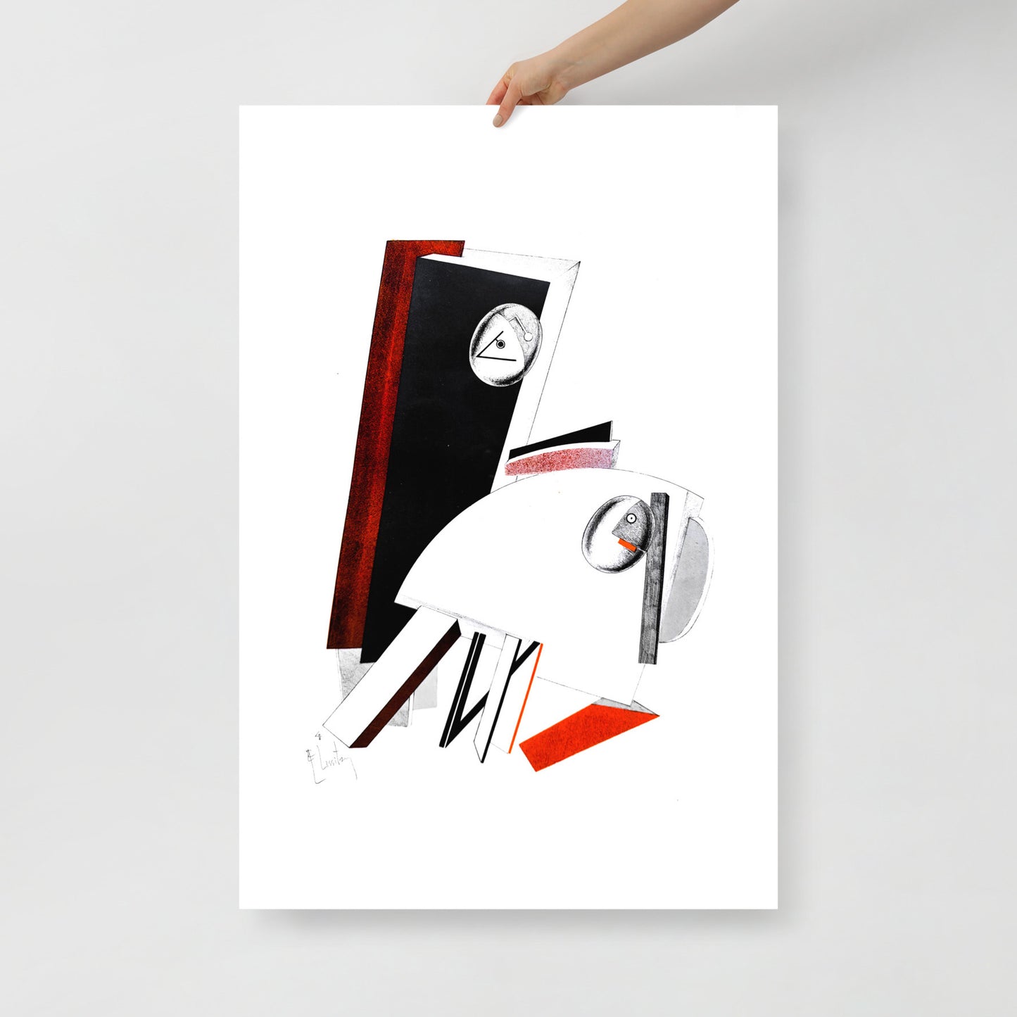 A hand holds large El Lissitzky poster Anxious People No. 4, Victory Over the Sun, 1923 Constructivism geometric lithograph print, Russian Avant Garde art 62x91cm. www.artsoviet.com