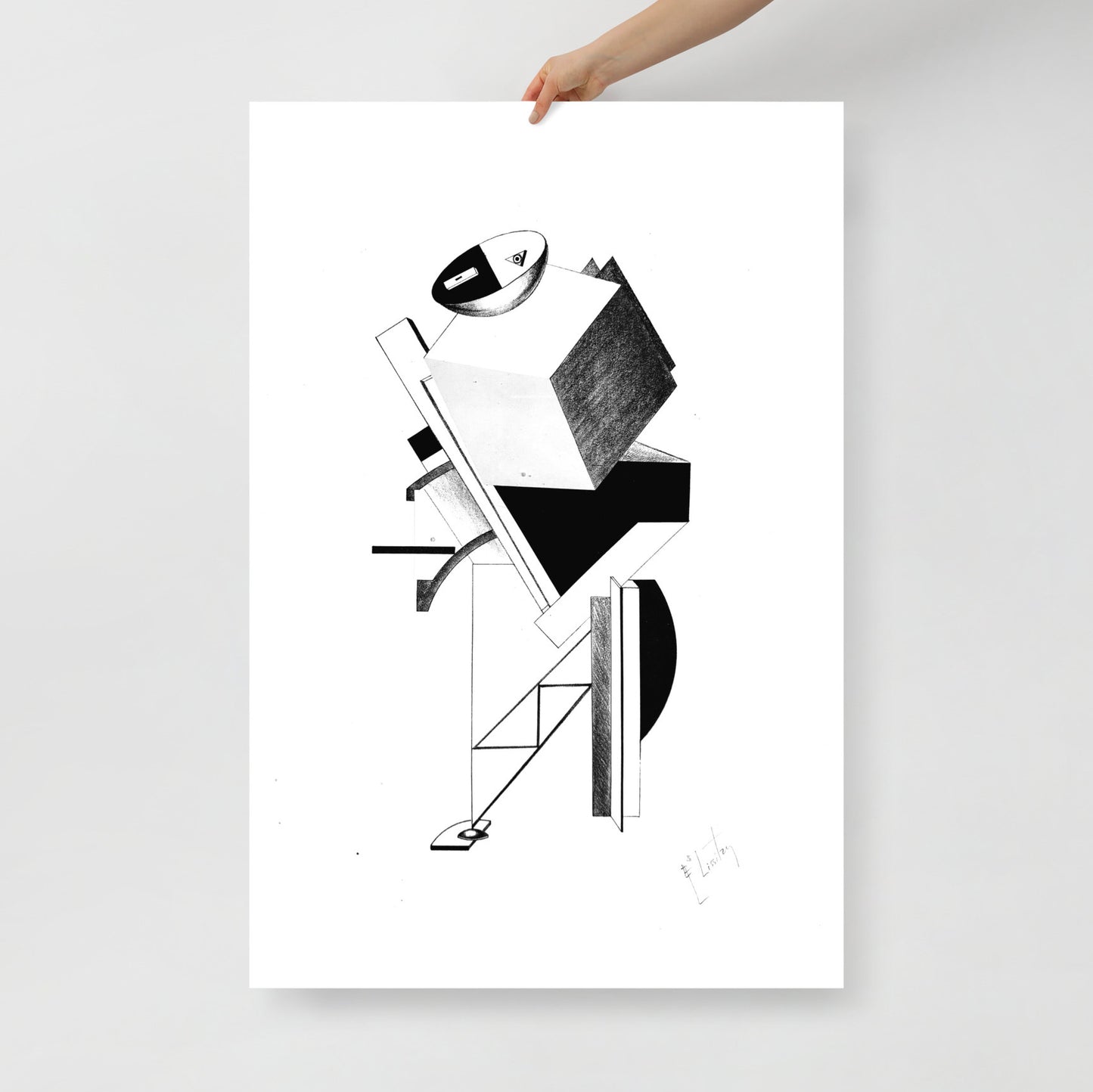A hand holds large El Lissitzky poster Sentry No. 3, Victory Over the Sun, 1923 Constructivism geometric lithograph print, Russian Avant Garde art 62x91cm. www.artsoviet.com