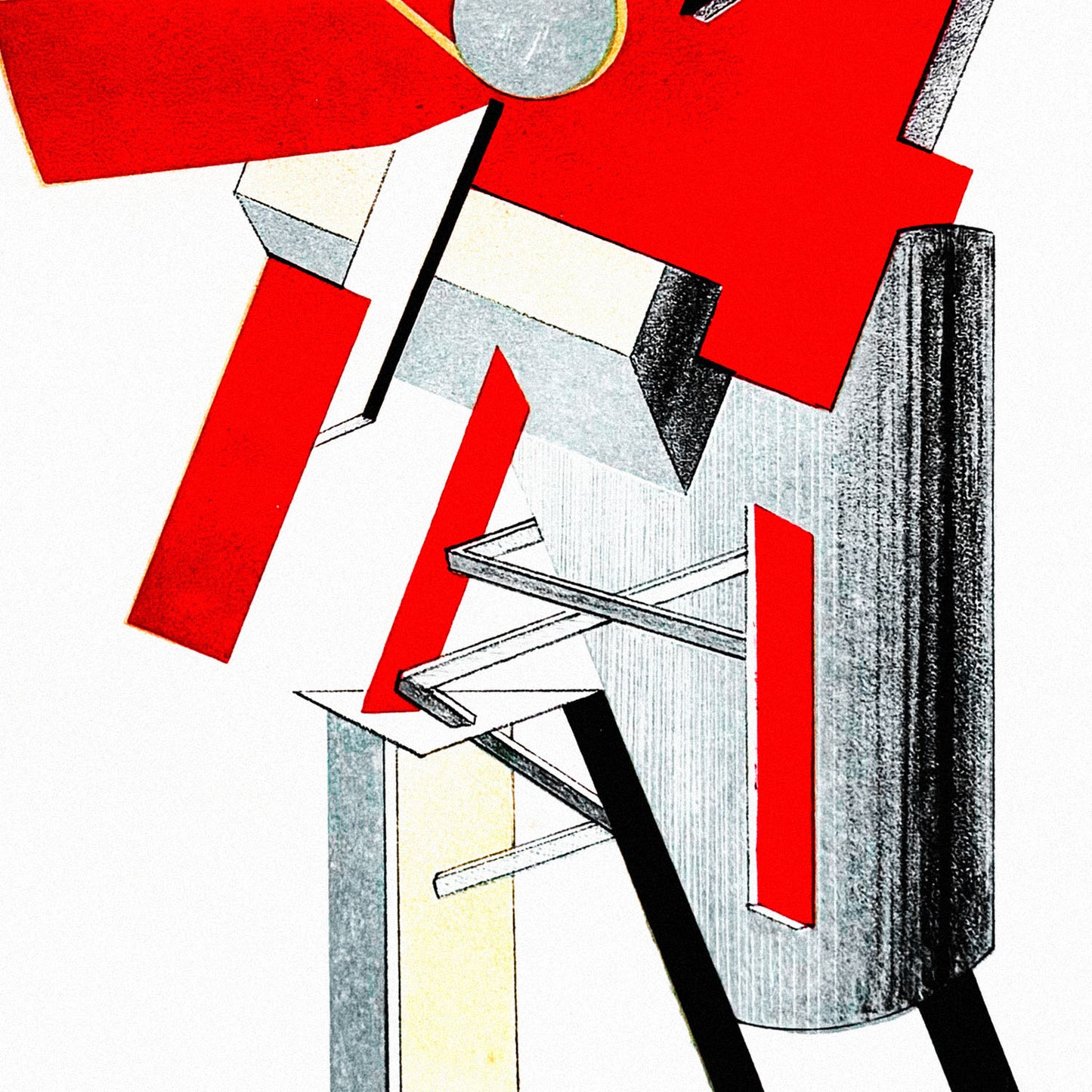 El Lissitzky poster The Announcer No. 2, Victory Over the Sun, 1923 Constructivism geometric lithograph print, Russian Avant Garde art 62x91cm. Closup details. www.artsoviet.com