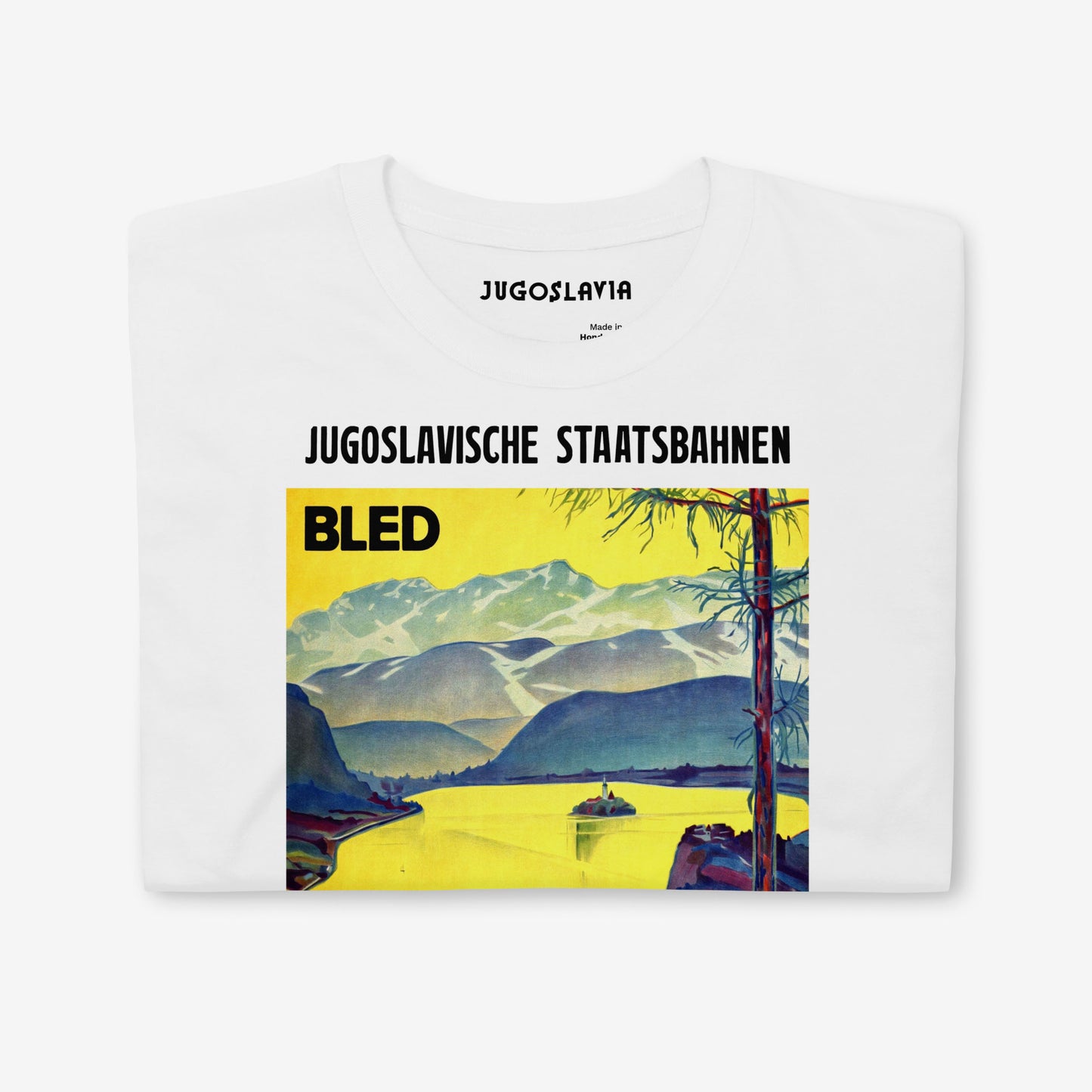 Unisex T-shirt with Lake Bled Yugoslavia Putnik Beograd vintage travel artwork in high resolution