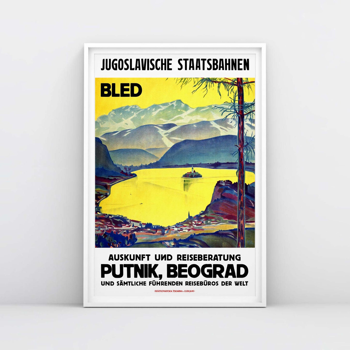 Vintage Lake Bled Yugoslavia travel poster with Putnik Beograd text, high-resolution archival print