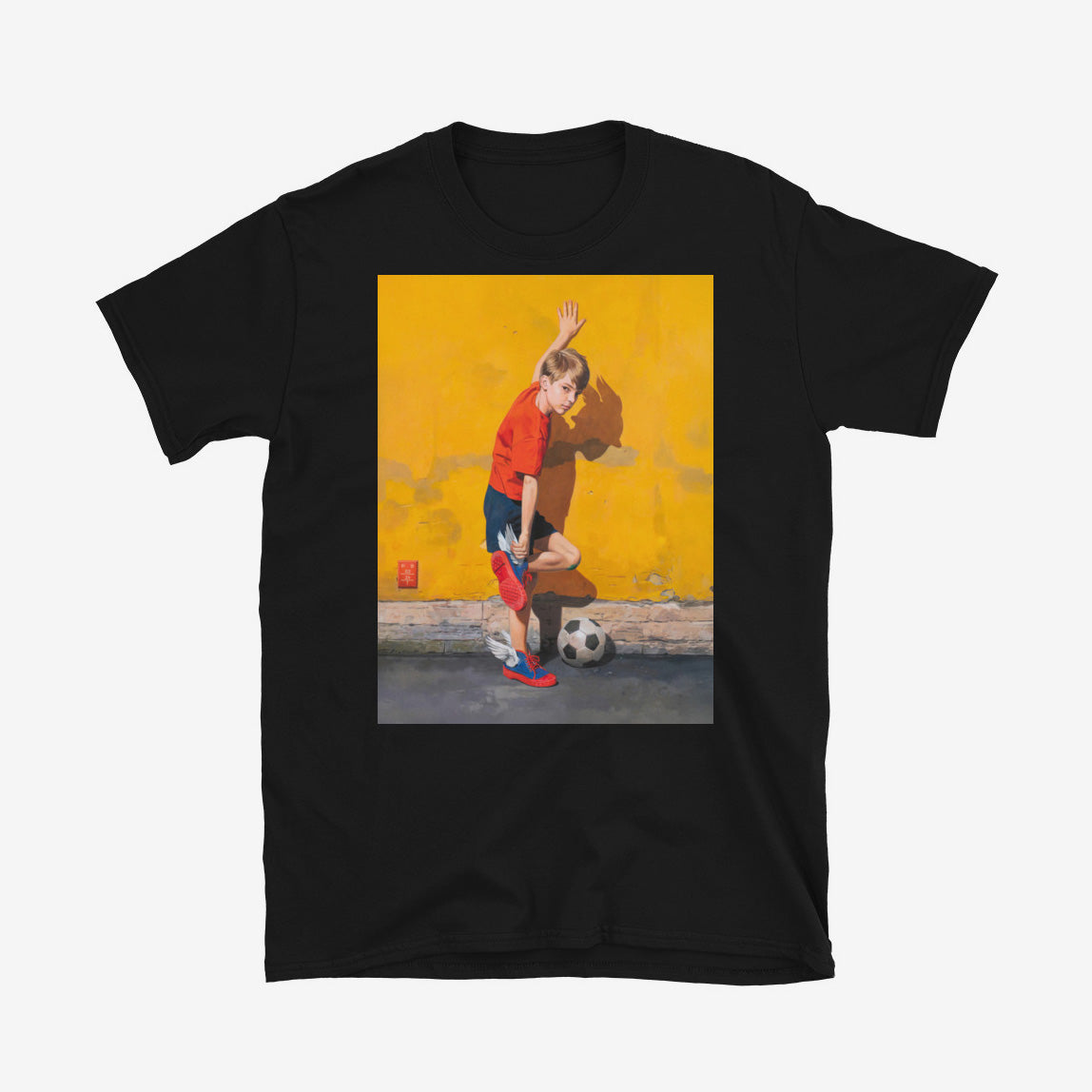 Unisex T-shirt with Soviet schoolboy fixing winged кеды Два Мяча trainers beside electrical transformer booth, Hermes-inspired USSR childhood football scene