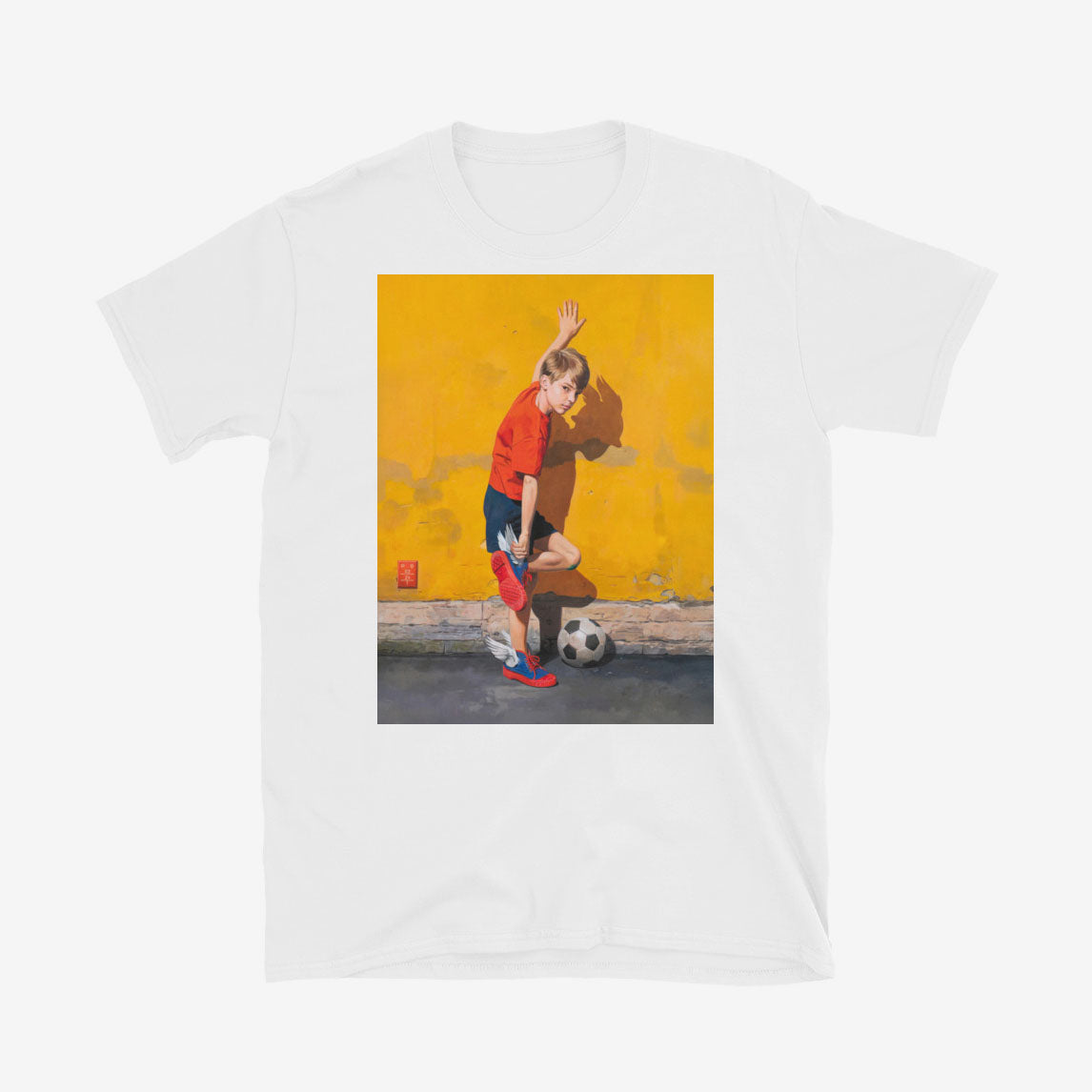 Unisex T-shirt with Soviet schoolboy fixing winged кеды Два Мяча trainers beside electrical transformer booth, Hermes-inspired USSR childhood football scene