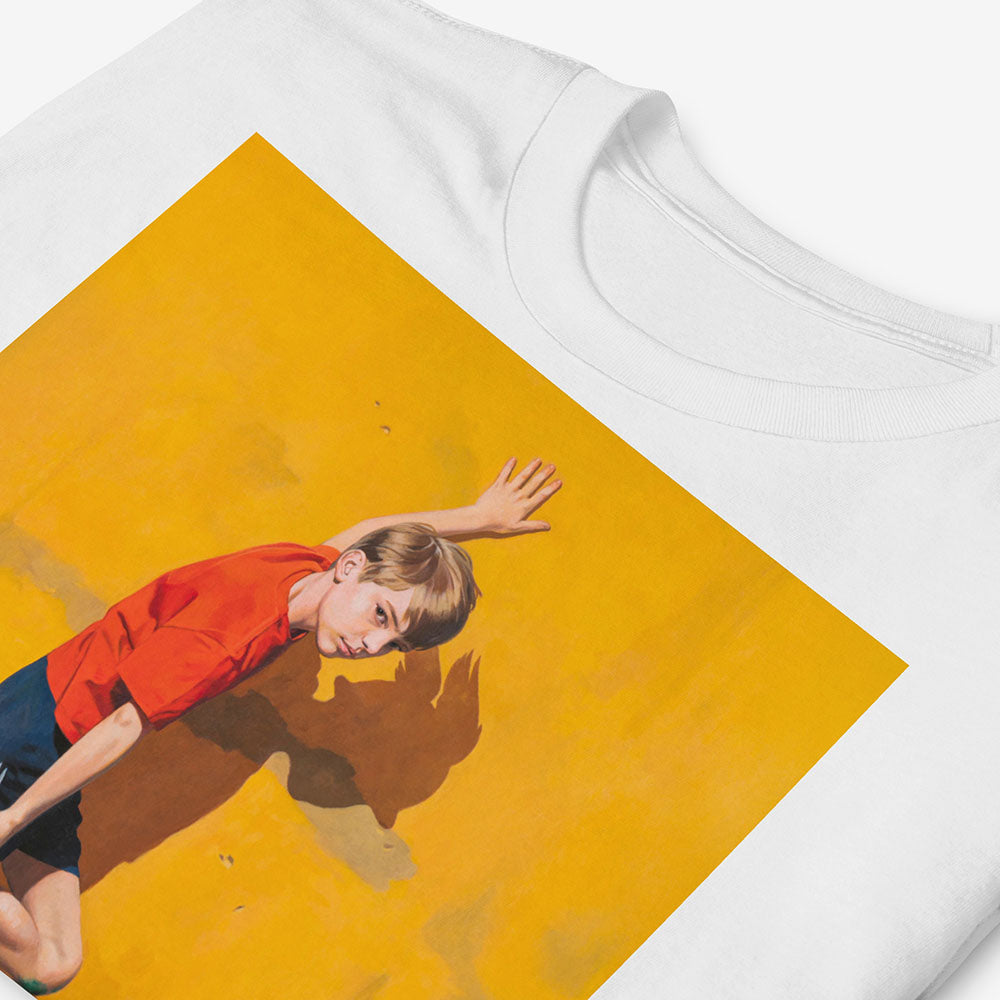 Unisex T-shirt with Soviet schoolboy fixing winged кеды Два Мяча trainers beside electrical transformer booth, Hermes-inspired USSR childhood football scene