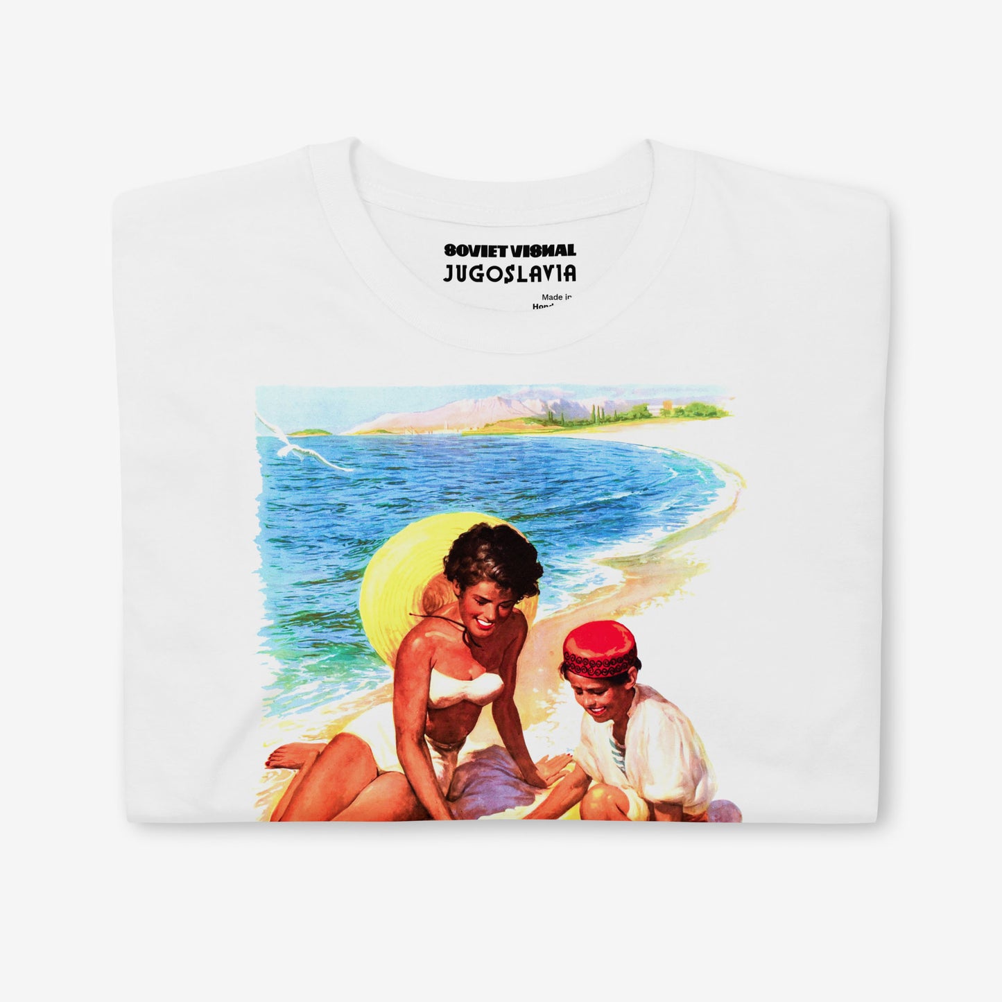 Vintage Yugoslavia beach T-shirt – Adriatic summer girl in bikini and fruit seller boy retro tee