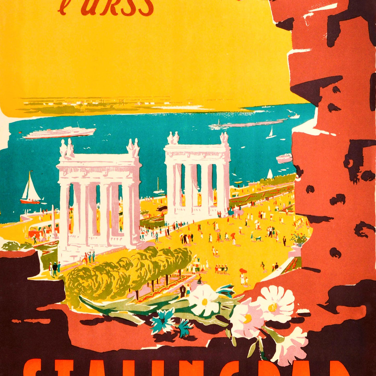 Closeup detail photo of original rare large 91x62cm Intourist Stalingrad USSR Travel Poster 1952. www.artsoviet.com