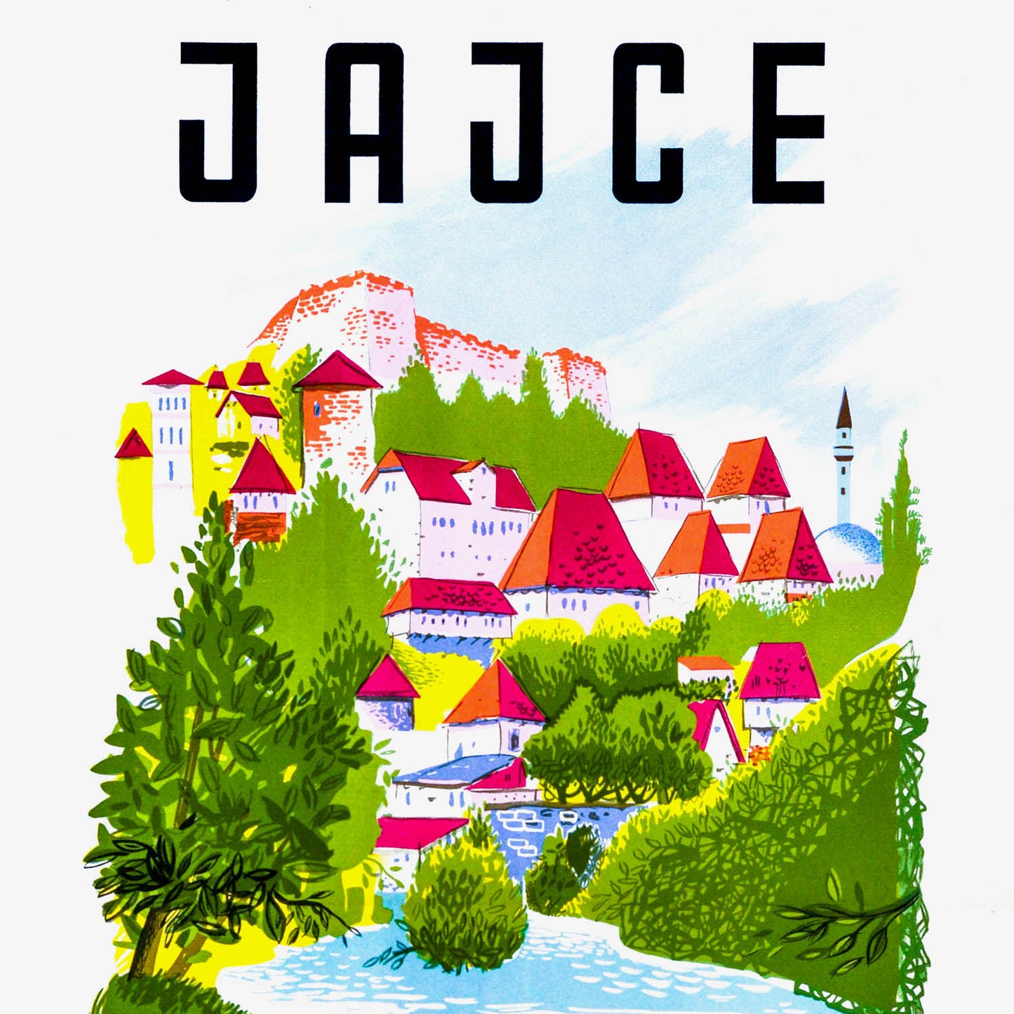 Vintage Yugoslavia Jajce travel poster – Pliva Waterfall Bosnia wall art
