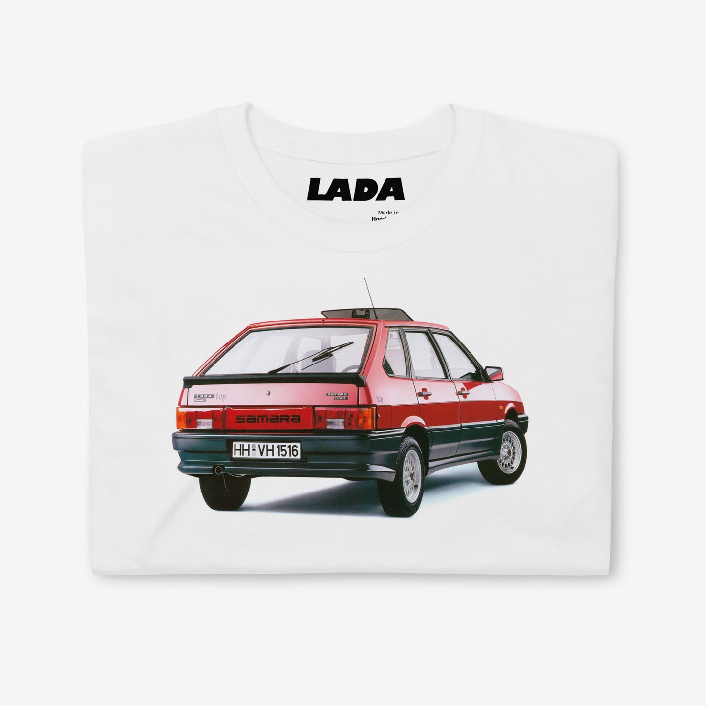 White T-shirts with a cherry-red Lada Samara design, perfect for Soviet car enthusiasts