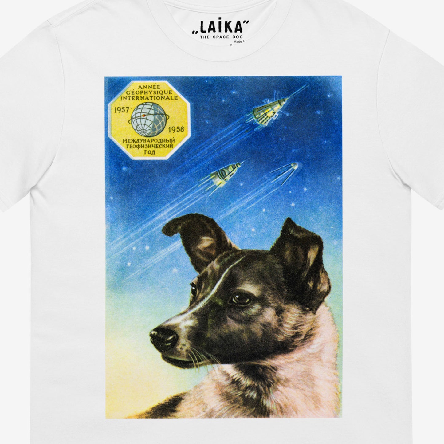 Premium unisex white T-shirt with a large Soviet art print of Laika the space dog. Closeup photo. www.artsoviet.com