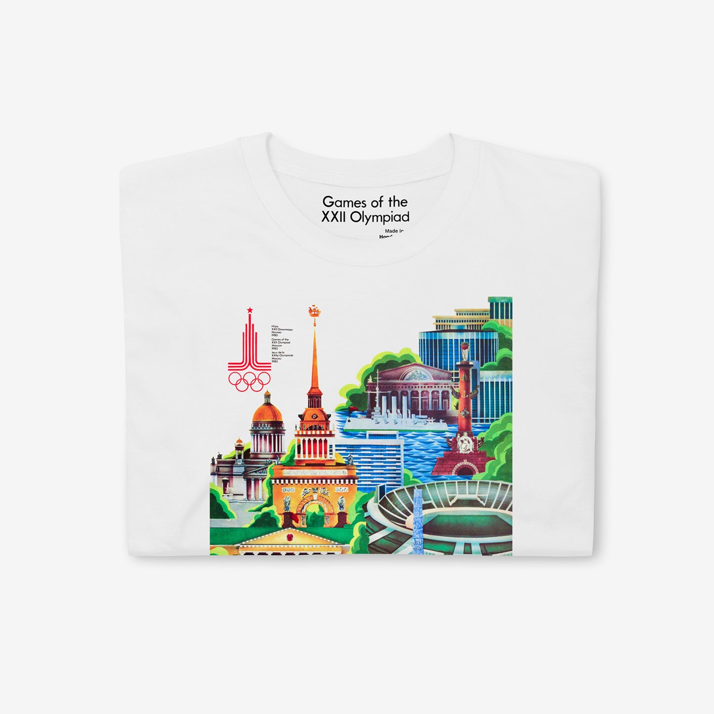 Unisex white T-shirt with rare Soviet 1980 Olympic Games in Leningrad art. Closeup photo. www.sovisual.art