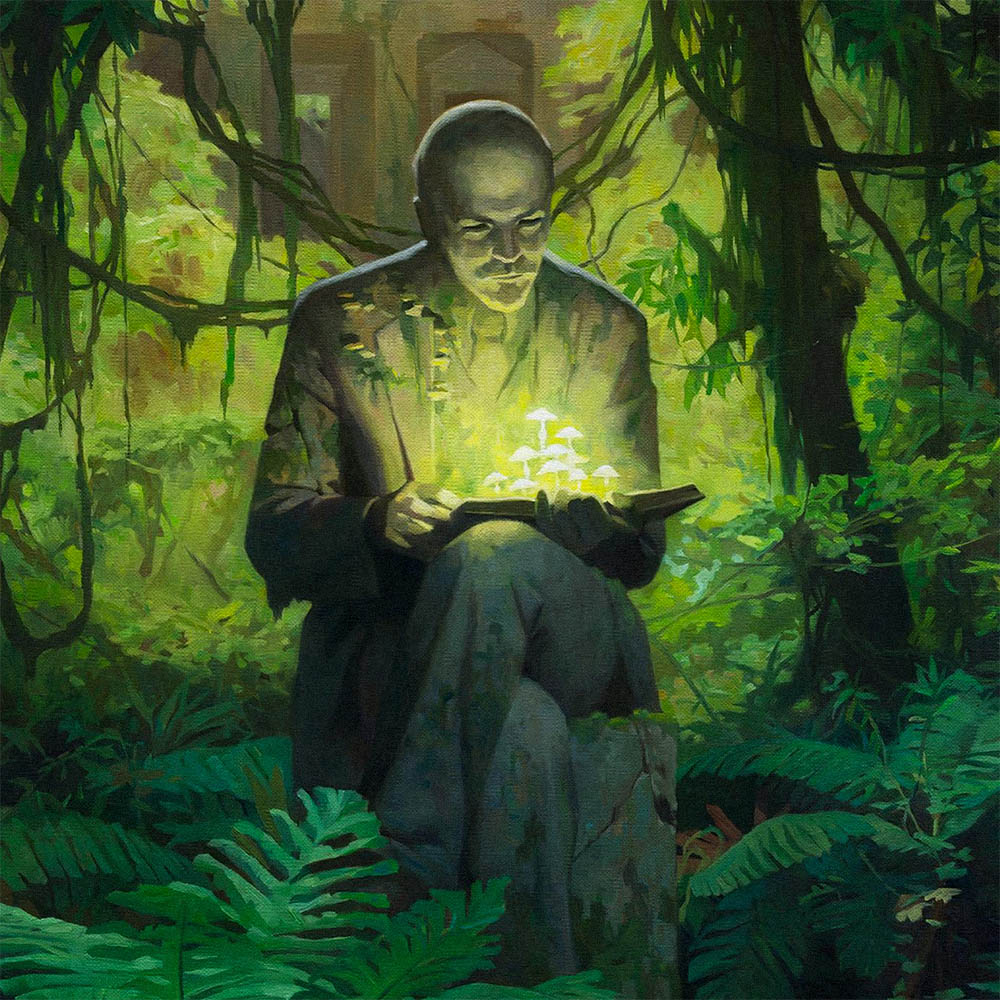 Poster of Lenin statue in forest with glowing green mushrooms growing from his book and body, surreal psychedelic Soviet art