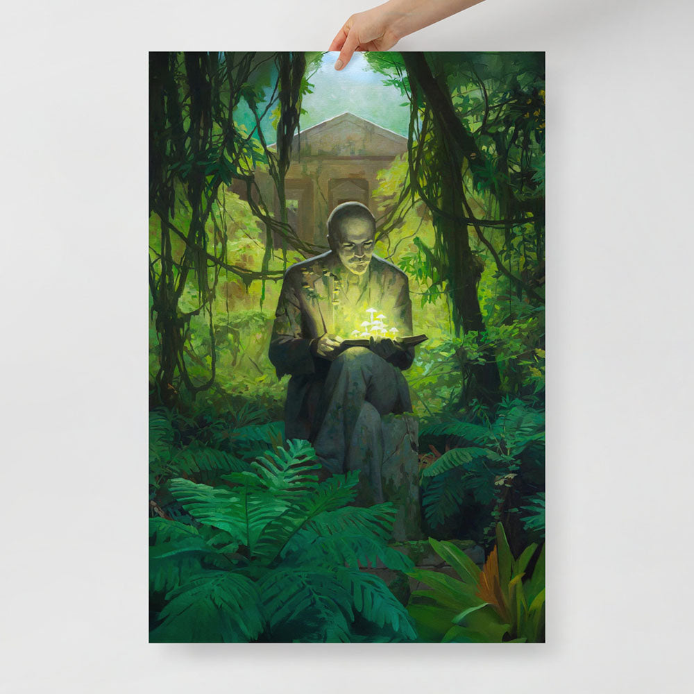 Poster of Lenin statue in forest with glowing green mushrooms growing from his book and body, surreal psychedelic Soviet art
