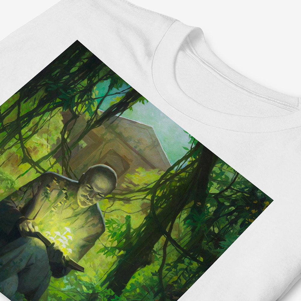 T-shirt with surreal image of Lenin statue in forest reading a book with glowing green mushrooms growing from it and on him