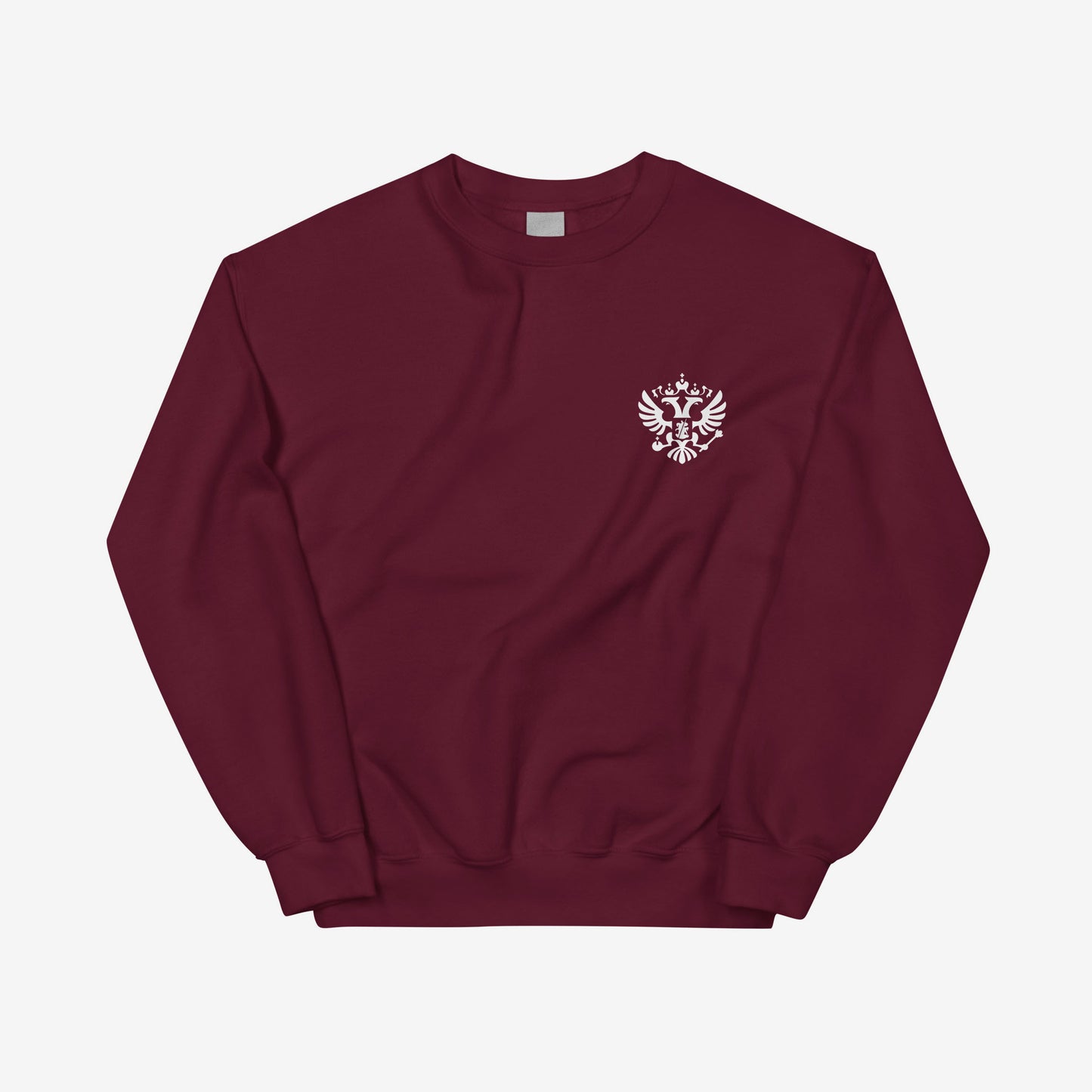 Black unisex sweatshirt with the official minimalist version of coat of arms of the Russian Federation, with double-headed eagle emblem positioned over the left chest and small emblem and RUSSIA written on the back neck side