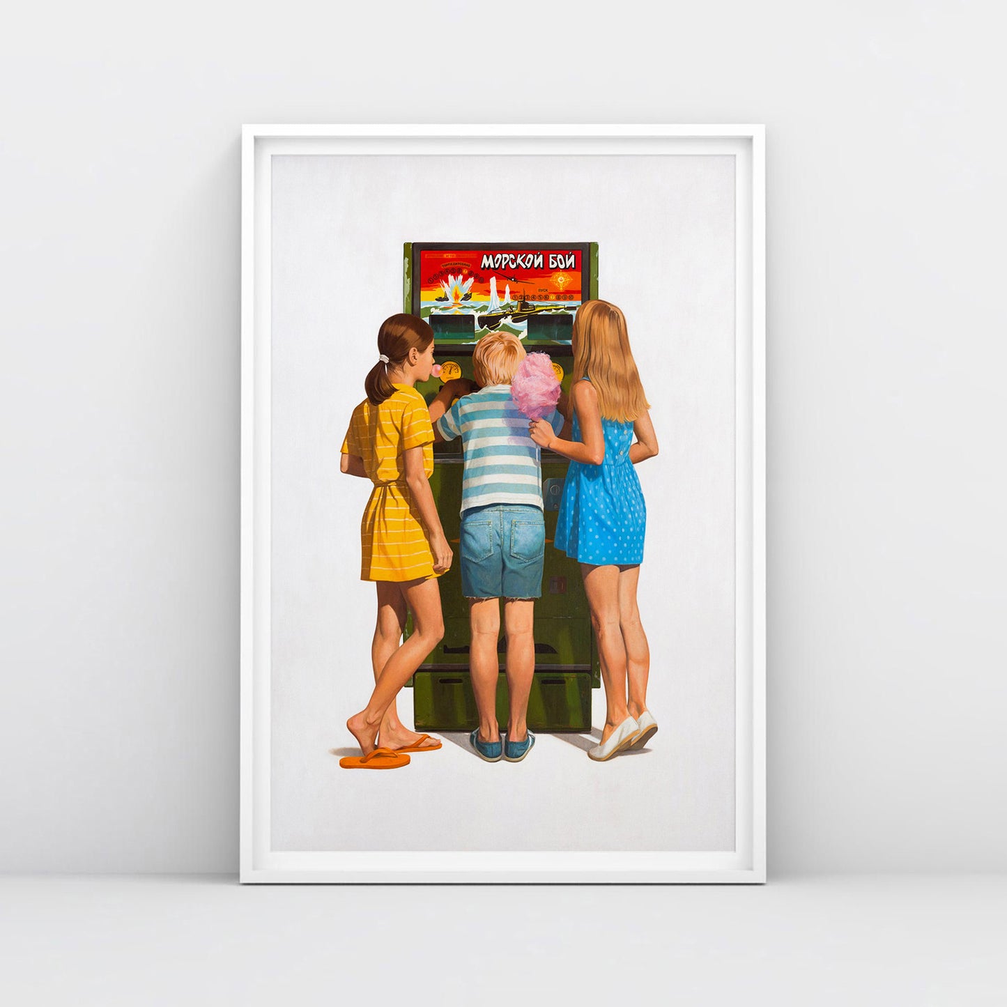 Large poster with Soviet Sea Battle arcade game machine and three children, blonde girls with candy floss and gum, boy playing the machine