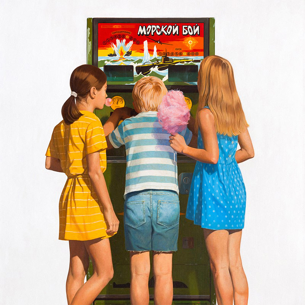 Large poster with Soviet Sea Battle arcade game machine and three children, blonde girls with candy floss and gum, boy playing the machine