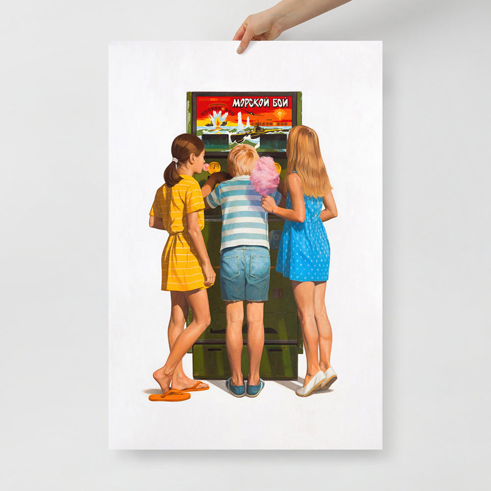 Large poster with Soviet Sea Battle arcade game machine and three children, blonde girls with candy floss and gum, boy playing the machine