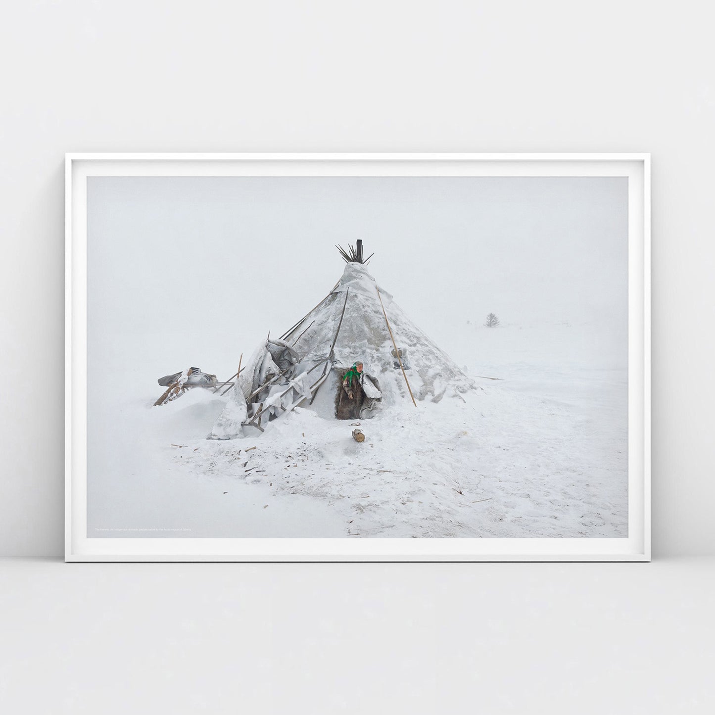 Photo of Nenets woman in traditional clothing near chum tent house in Arctic snow. Siberian indigenous poster. From artsoviet.com