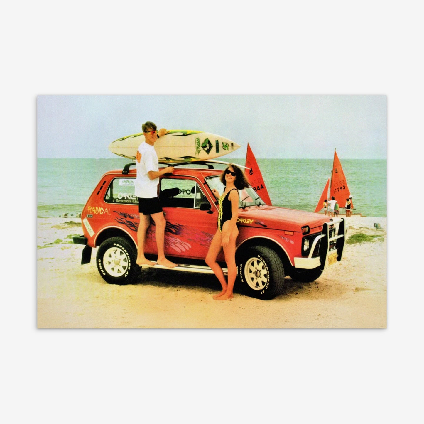 Traditional postcard layout with space for a personal message, featuring a Soviet automotive theme