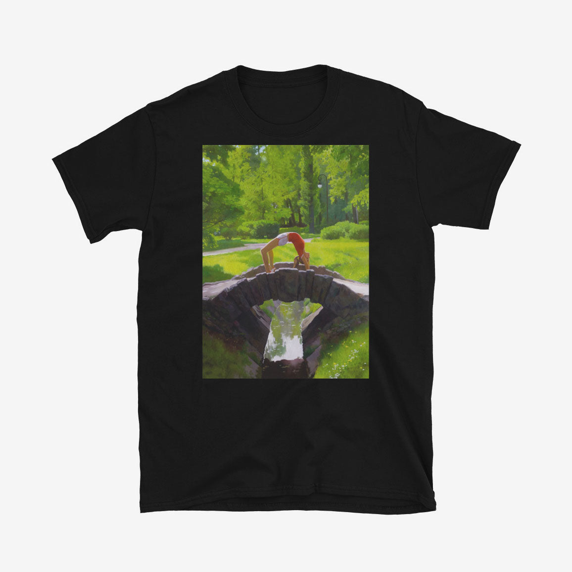 T-shirt with fit Soviet girl in Moscow 1980 outfit doing bridge pose on park bridge – exclusive retro Olympics art