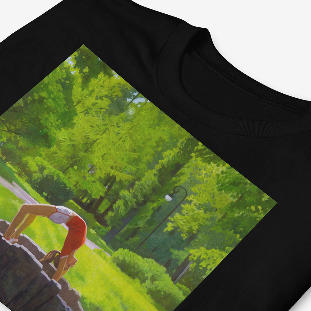 T-shirt with fit Soviet girl in Moscow 1980 outfit doing bridge pose on park bridge – exclusive retro Olympics art