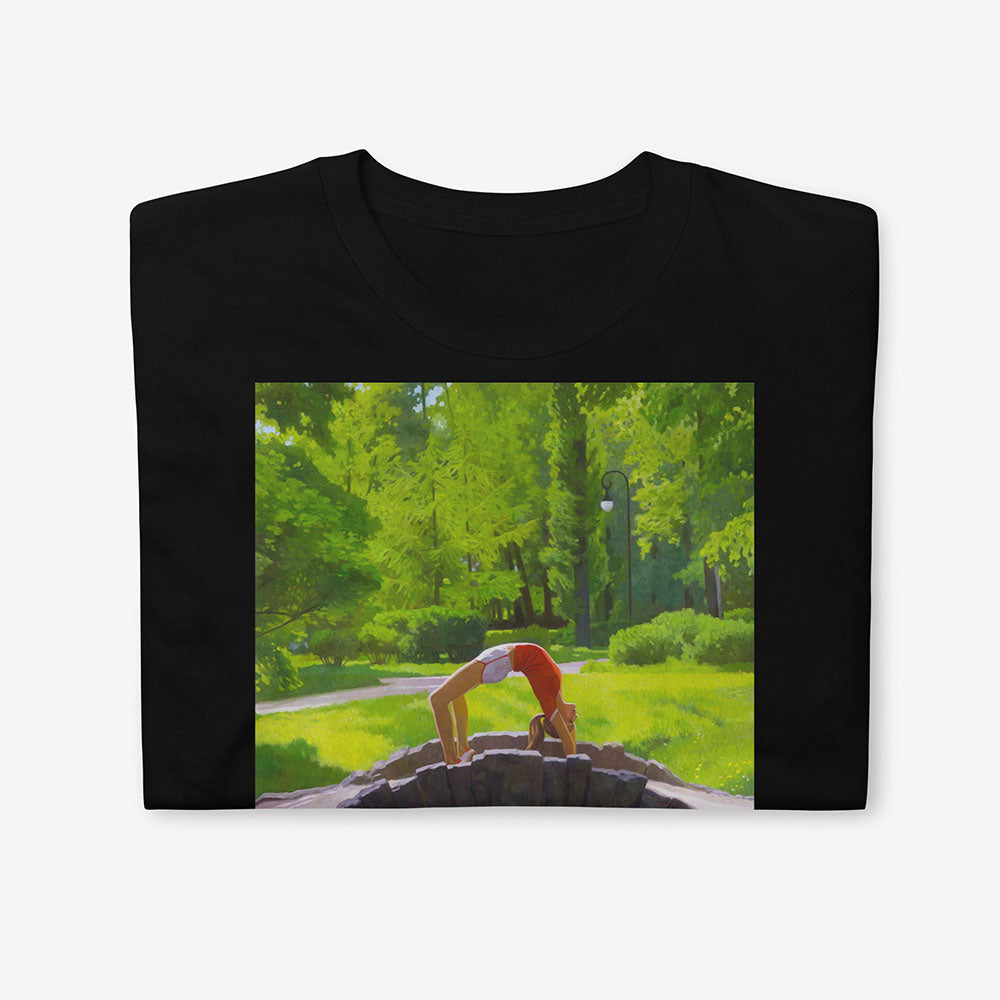 T-shirt with fit Soviet girl in Moscow 1980 outfit doing bridge pose on park bridge – exclusive retro Olympics art