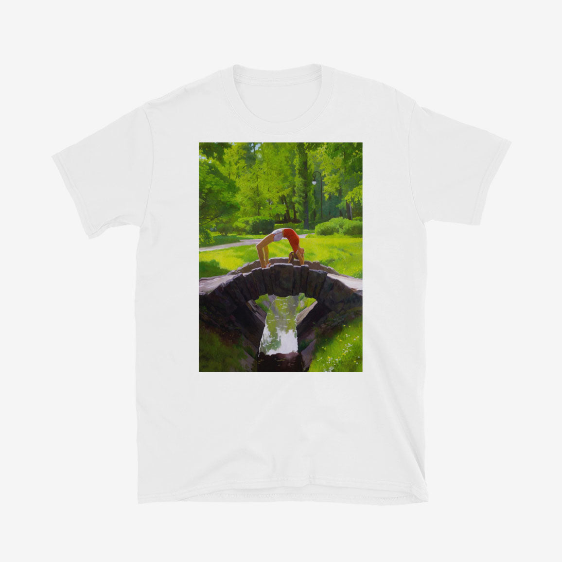 T-shirt with fit Soviet girl in Moscow 1980 outfit doing bridge pose on park bridge – exclusive retro Olympics art