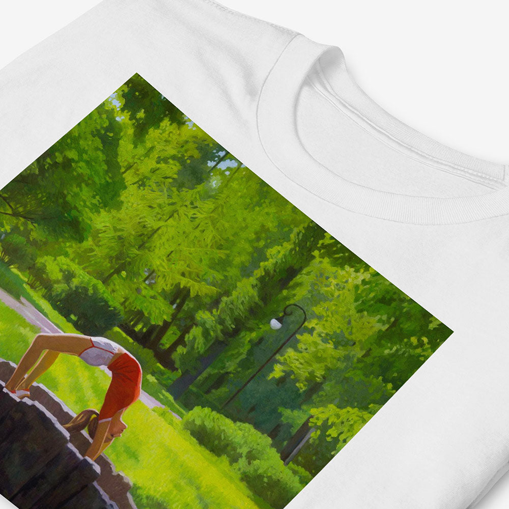 T-shirt with fit Soviet girl in Moscow 1980 outfit doing bridge pose on park bridge – exclusive retro Olympics art