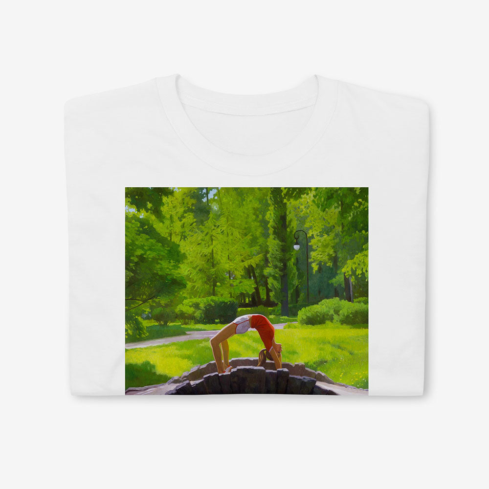 T-shirt with fit Soviet girl in Moscow 1980 outfit doing bridge pose on park bridge – exclusive retro Olympics art