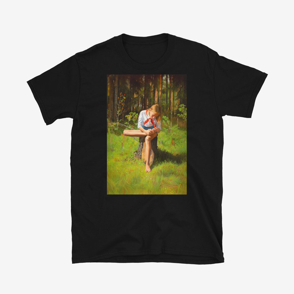 Shirt with barefoot cute Soviet Pioneer girl sitting in forest in short shorts, white shirt and red scarf
