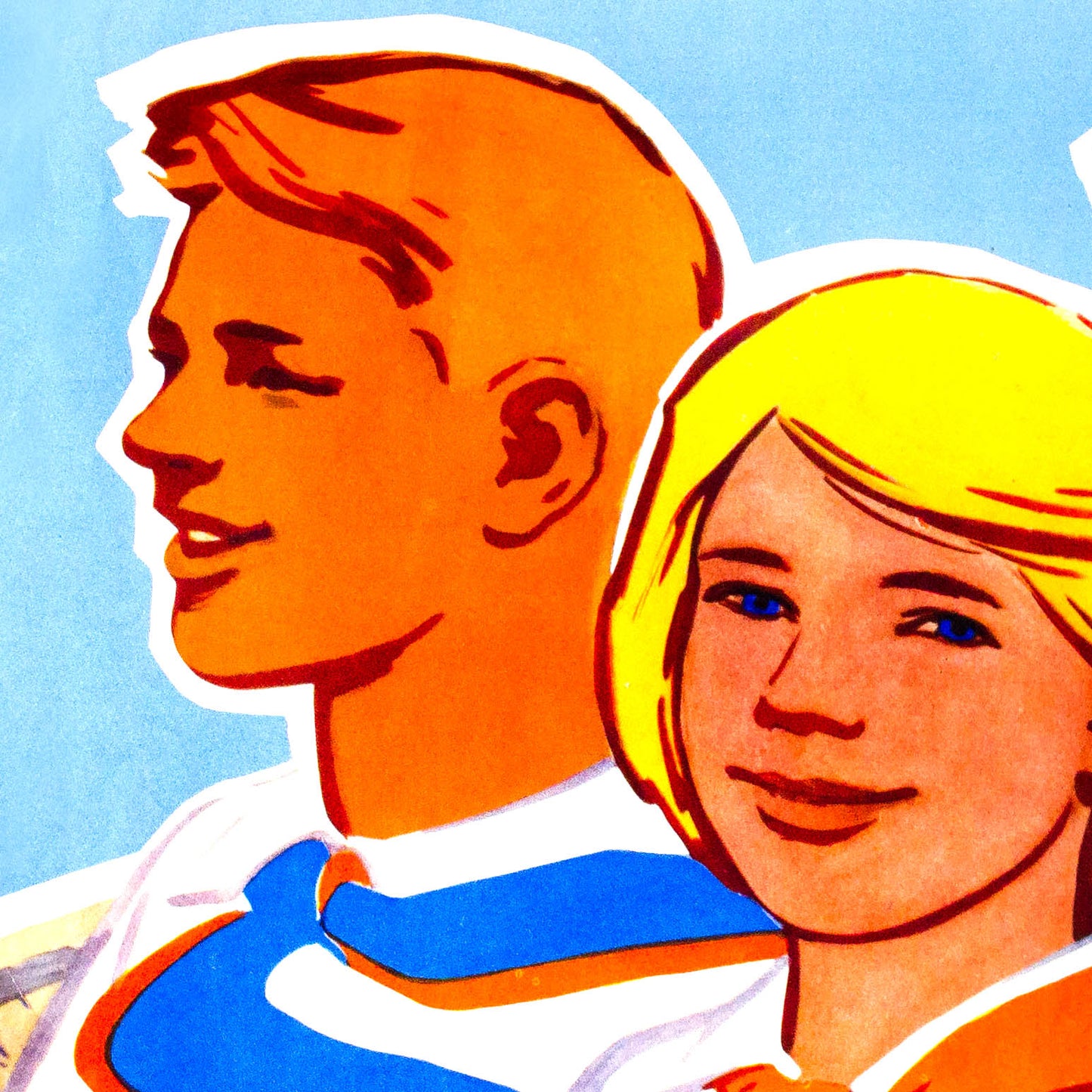 Vintage Soviet propaganda poster featuring smiling Young Pioneer children of diverse ethnicities rowing a boat, with a red buoy displaying a hammer and sickle. High-resolution, rare archival-quality print.