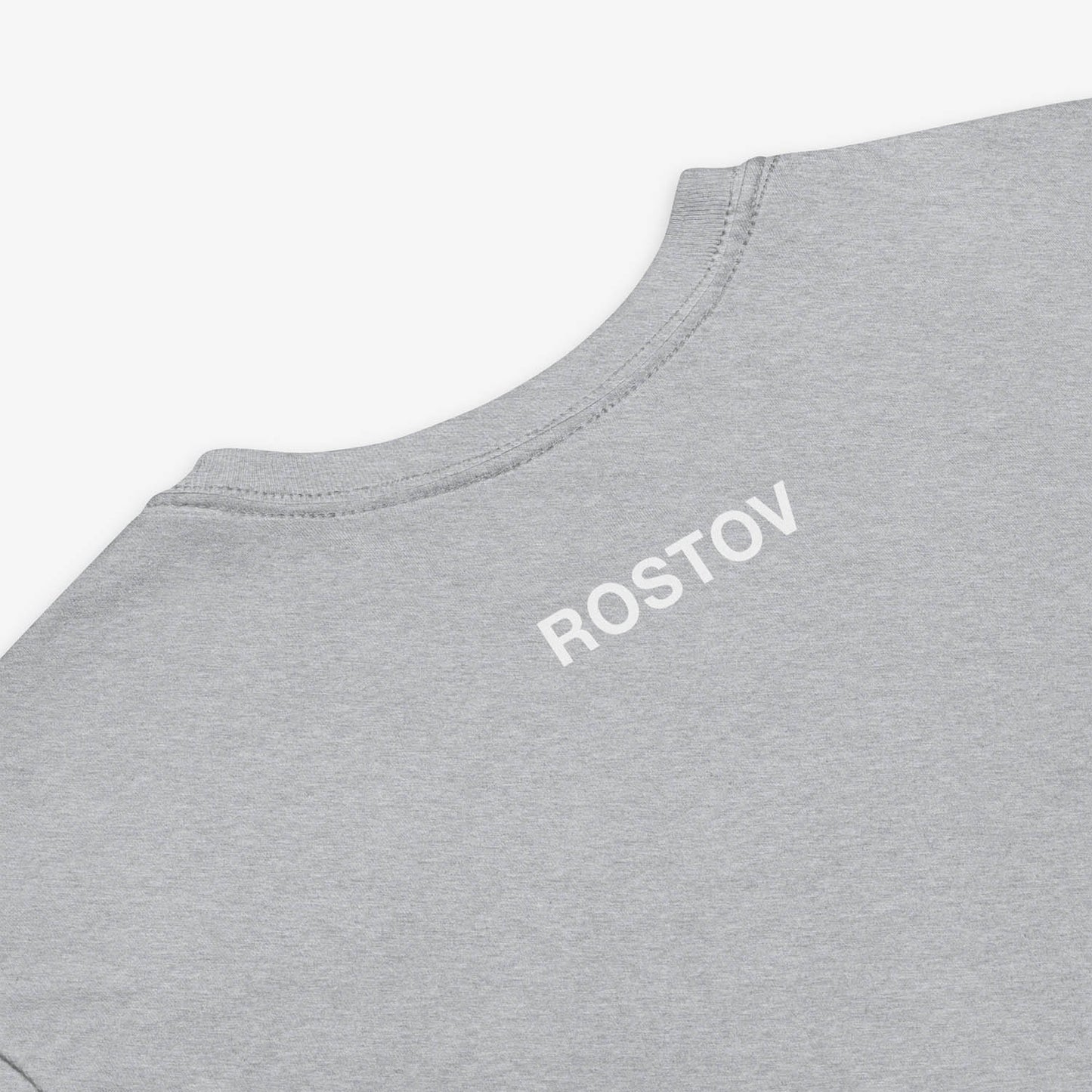 Minimalist Cyrillic РОСТОВ T-shirt design with small ROSTOV label outside back neck, tribute to Russian city