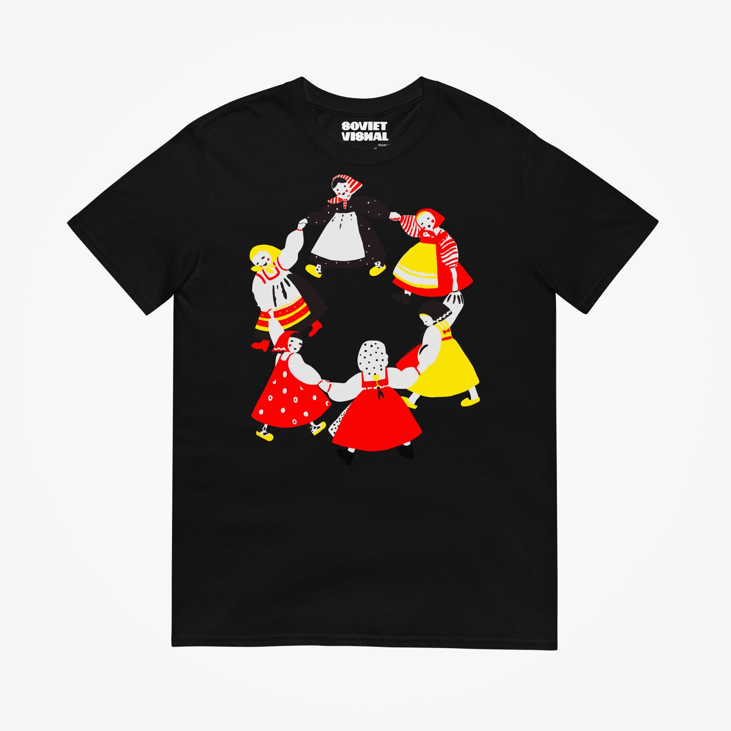 Large illustration with girls in traditional slavic dresses dancing Roundelay, Traditional Russian Folk Dance, unisex black T-Shirt