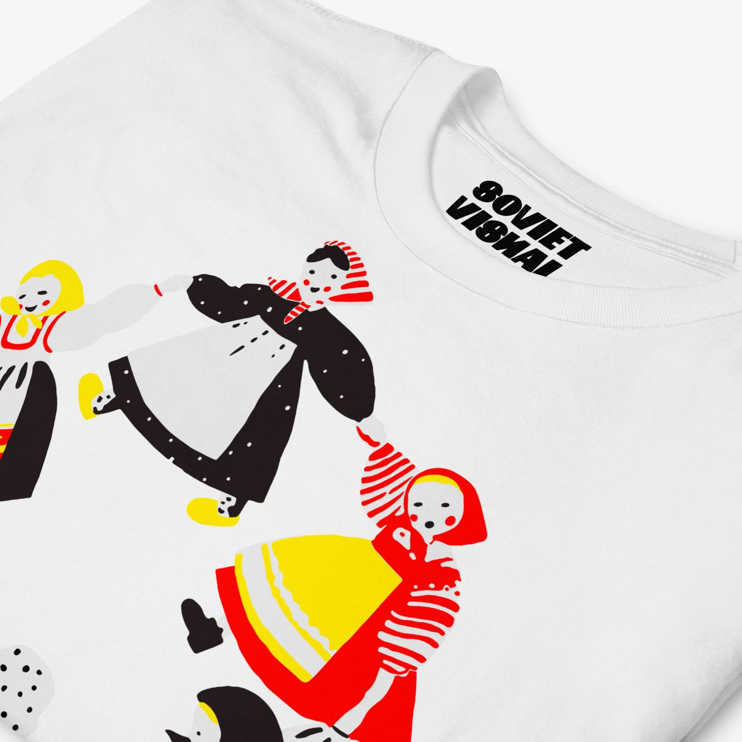 Large illustration with girls in traditional slavic dresses dancing Roundelay, Traditional Russian Folk Dance, unisex white T-Shirt - closeup photo