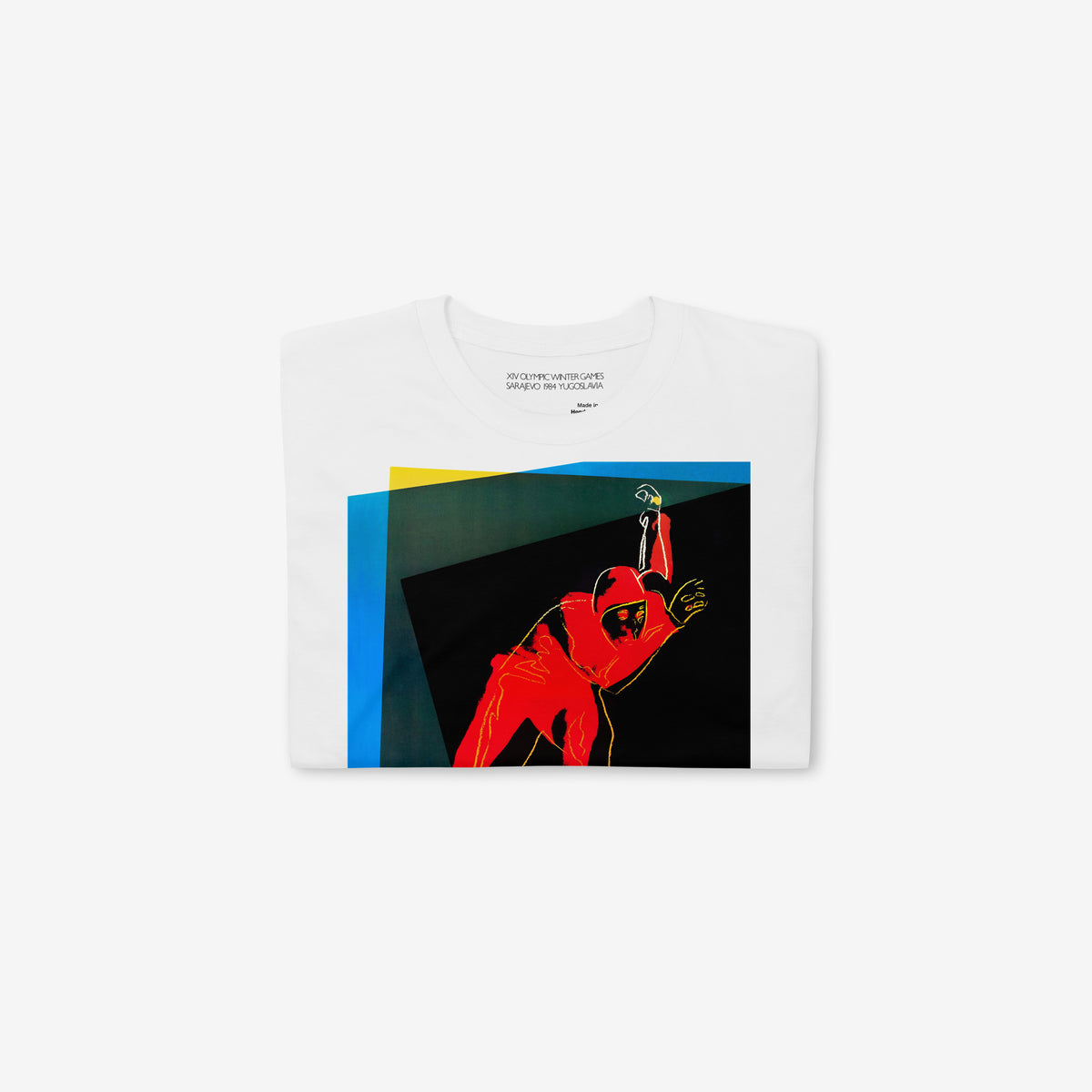 Official Sarajevo 1984 Yugoslavia Olympic Games art T-shirt by Andy Warhol. Folded
