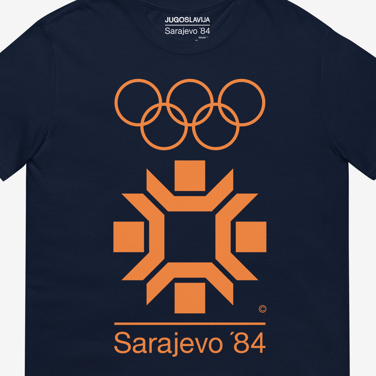 Navy unisex vintage Sarajevo 1984 Winter Sports logo T-shirt. Closeup photo