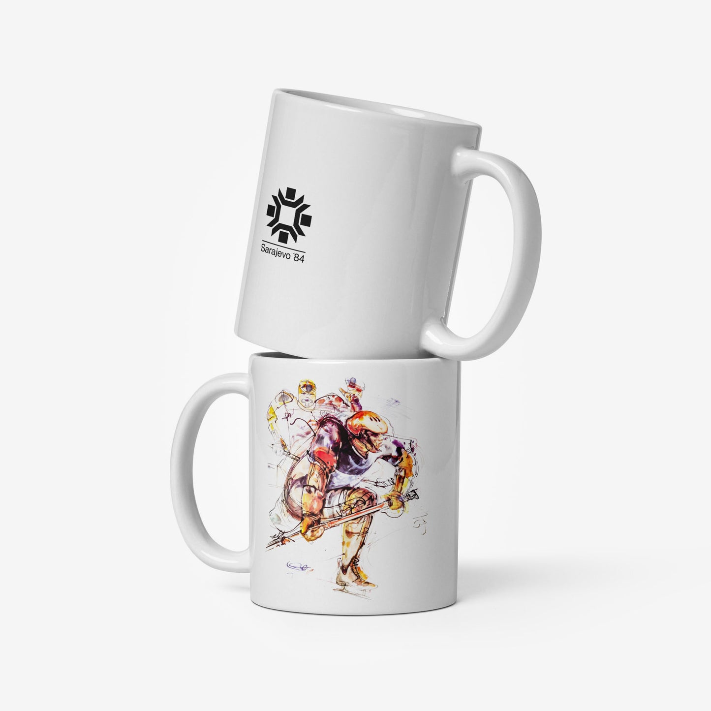 Hockey mug with Sarajevo 1984 Winter Olympics artwork by Ismar Mujezinović