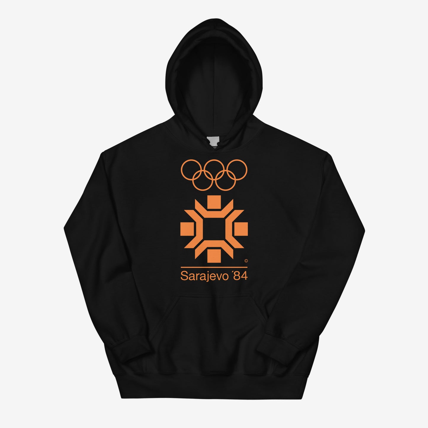 Sarajevo 1984 Winter Olympics hoodie featuring the official Olympic logo.