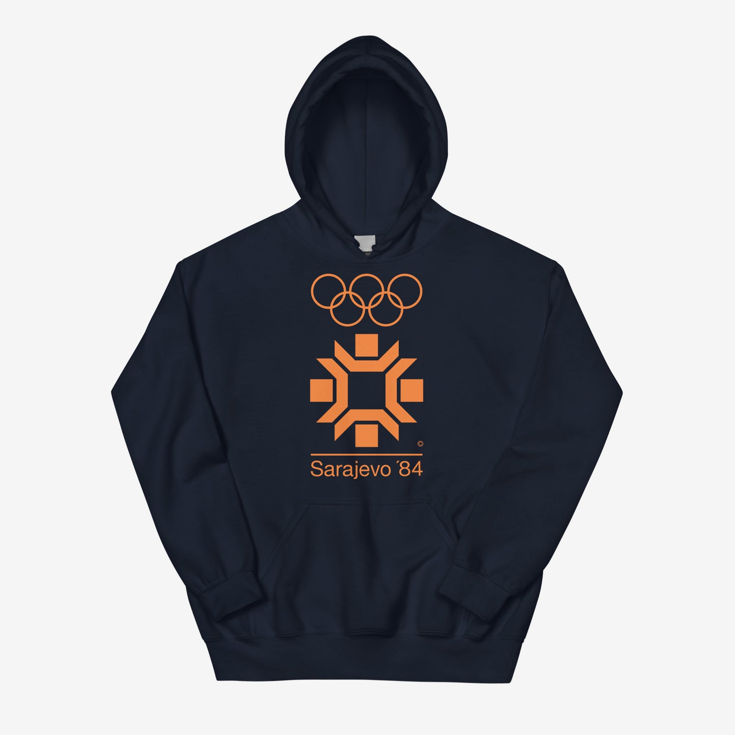 Sarajevo 1984 Winter Olympics hoodie featuring the official Olympic logo.