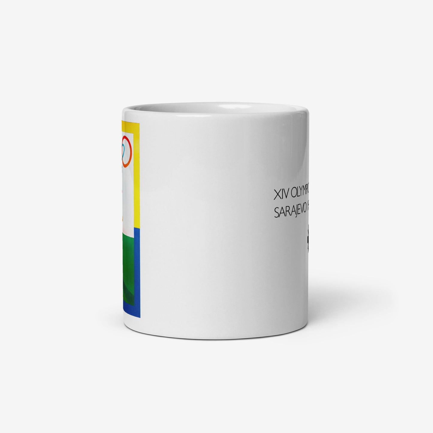 Mug with Milton Glaser’s Sarajevo 1984 Olympic artwork featuring Yugoslav column and Olympic rings