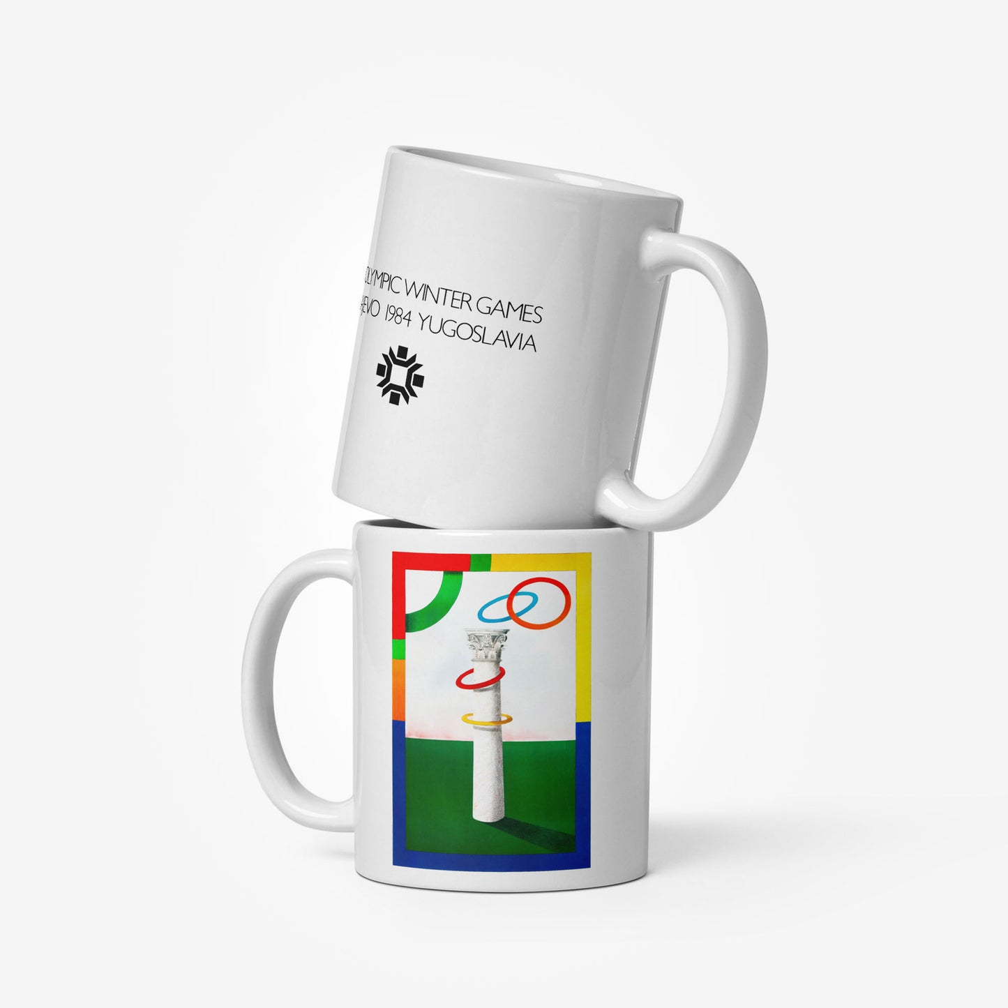 Mug with Milton Glaser’s Sarajevo 1984 Olympic artwork featuring Yugoslav column and Olympic rings