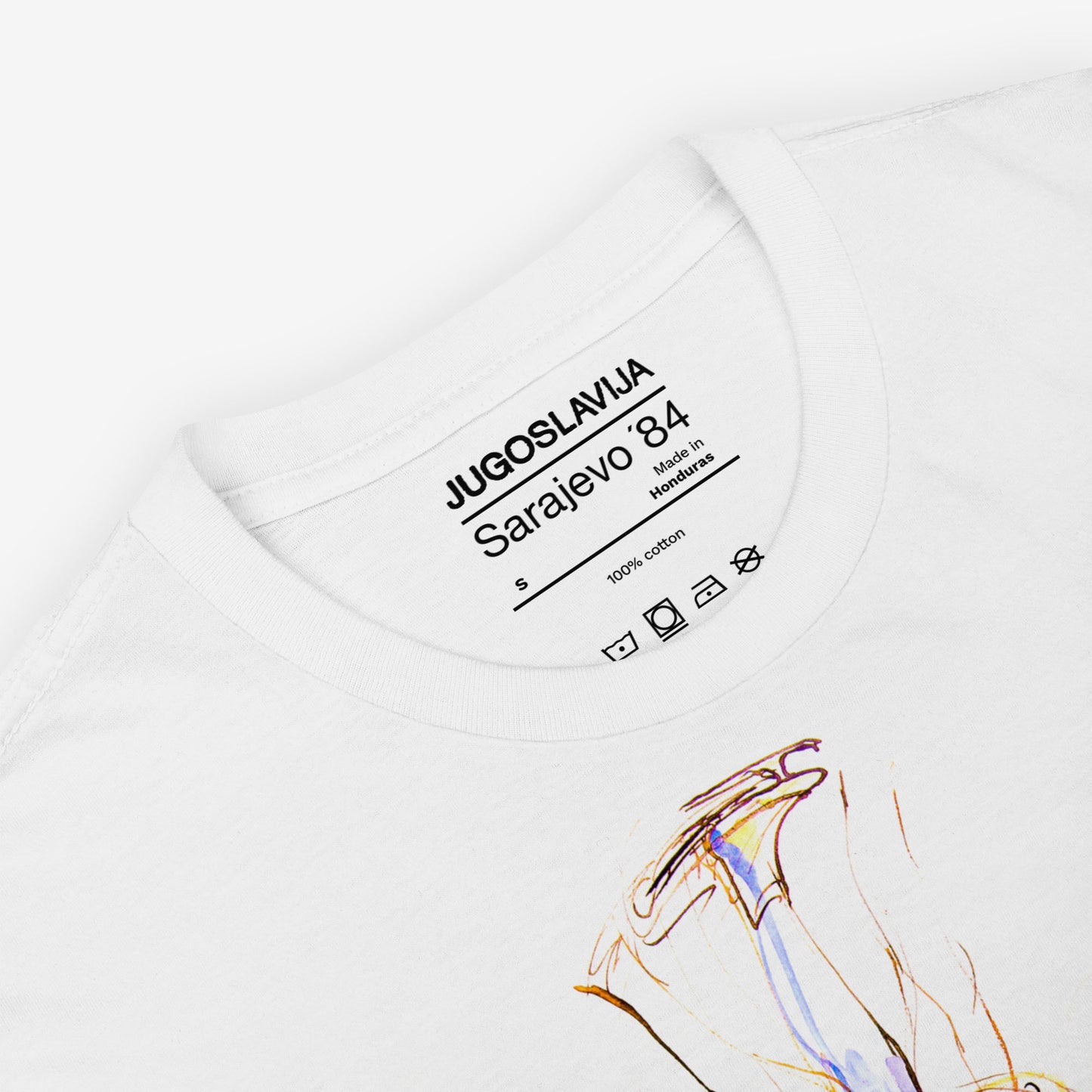 Unisex T-shirt with Figure Skating artwork from Sarajevo 1984 Winter Olympics by Ismar Mujezinović