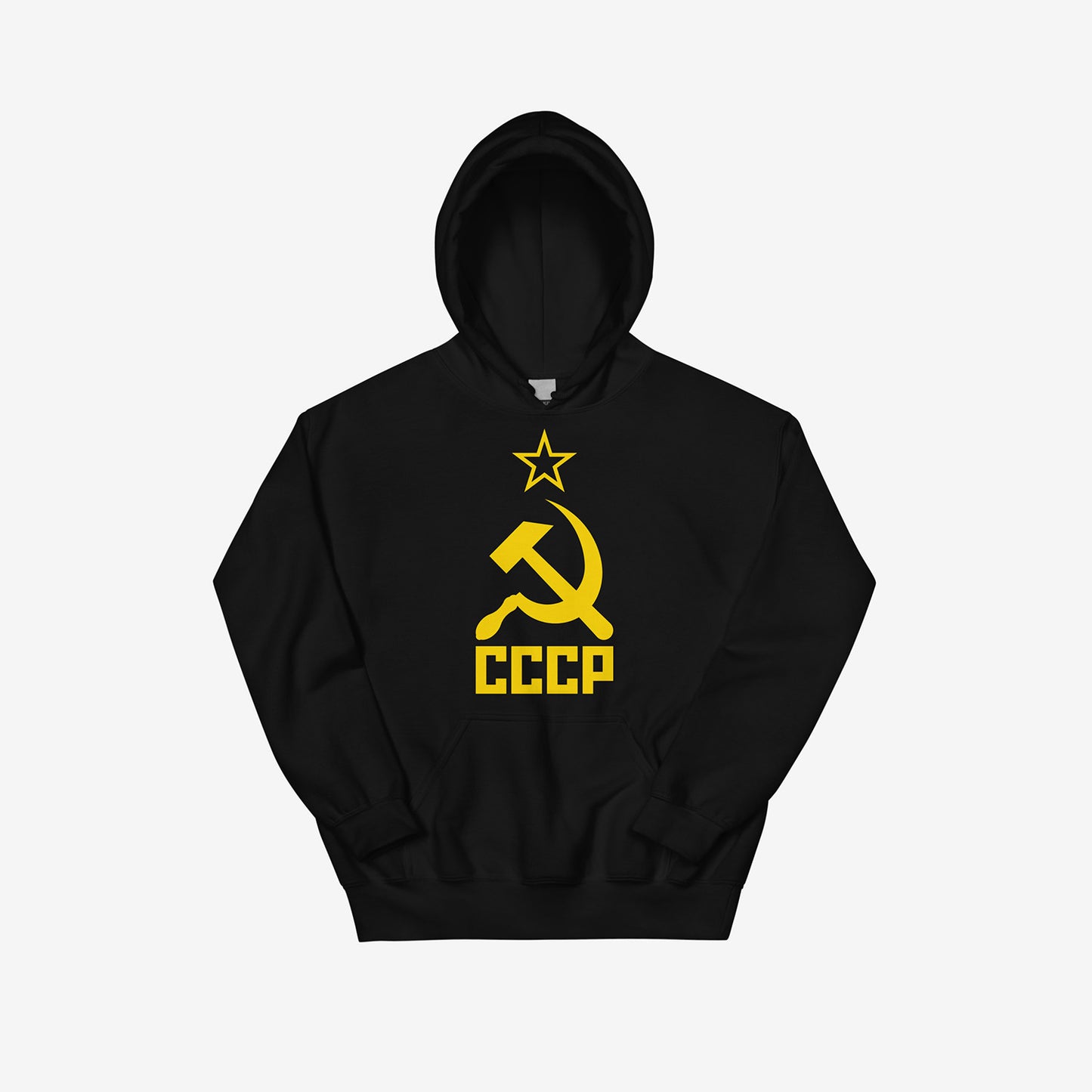 Soviet flag black hoodie with yellow hammer and sickle and CCCP text. From artsoviet.com