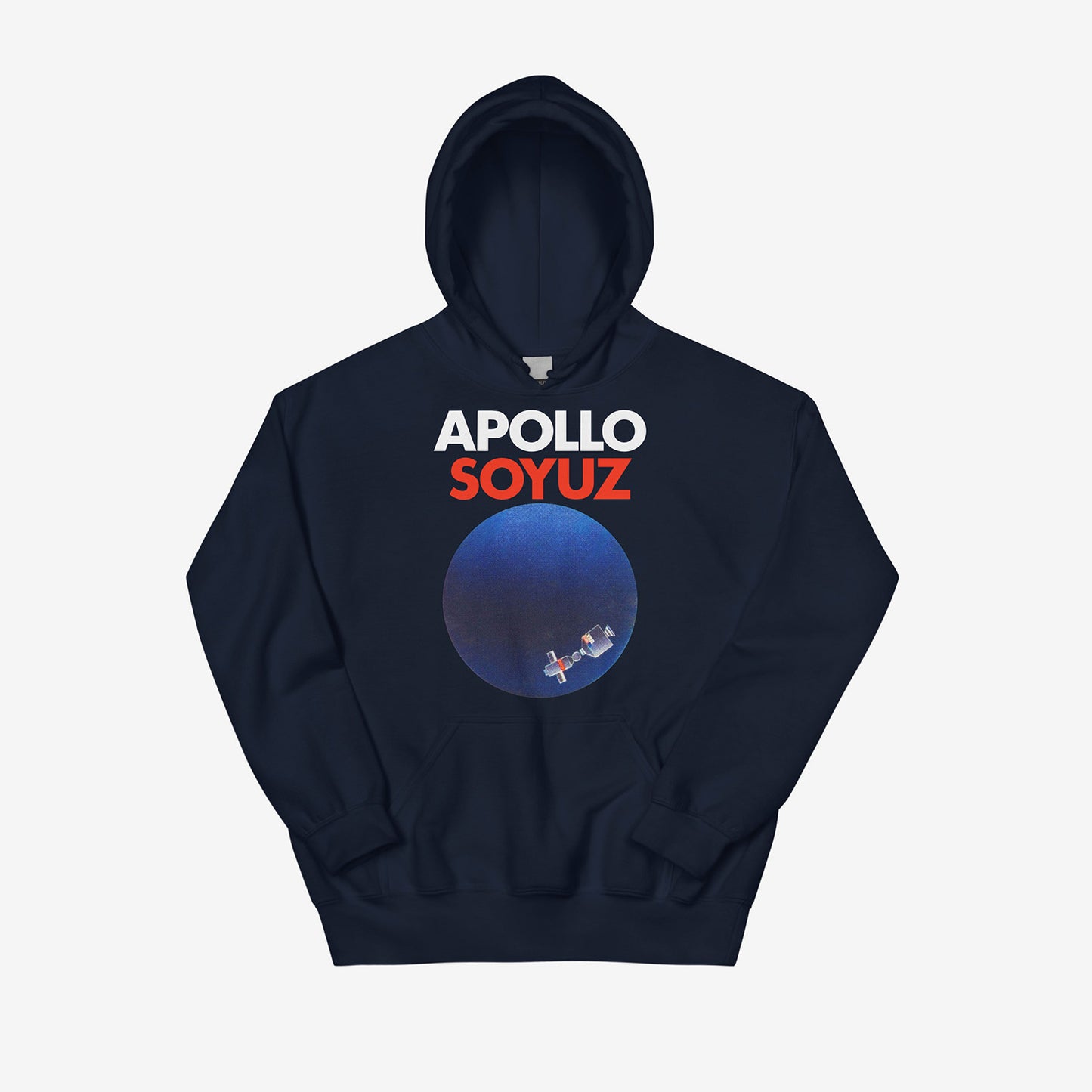 Soyuz Apollo hoodie with USA USSR 1975 space mission emblem symbolizing Soviet-American friendship. From artsoviet.com