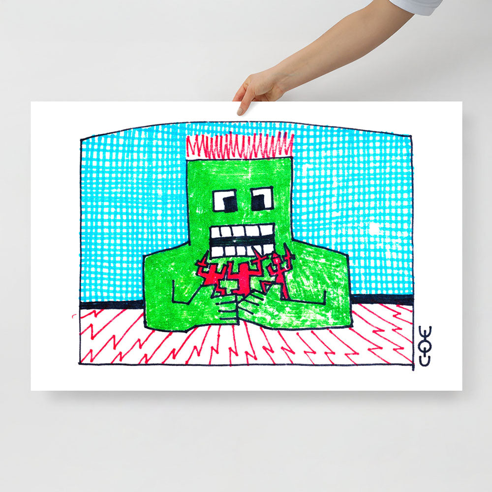 Large poster print of rare 1980s Viktor Tsoi painting of a green man holding red human figures, from GruppaKino.com.