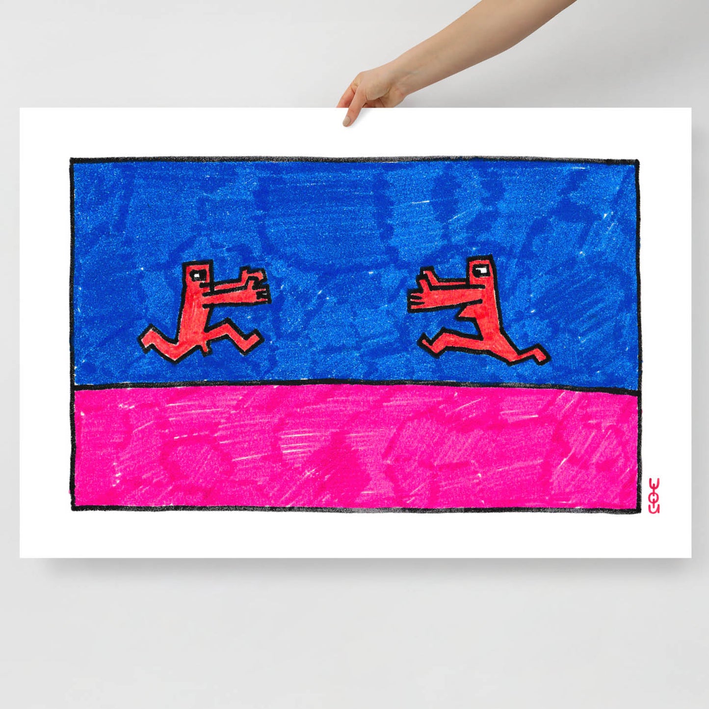 Large poster featuring a rare 1980s Viktor Tsoi painting of two naked figures running towards each other, from GruppaKino.com.
