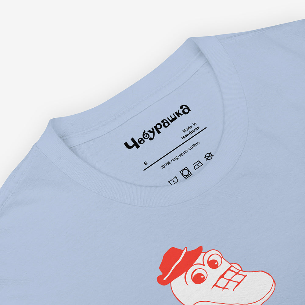 Unisex t-shirt with Cheburashka and Gena from Soviet cartoon and Japanese チェブラーシカ text