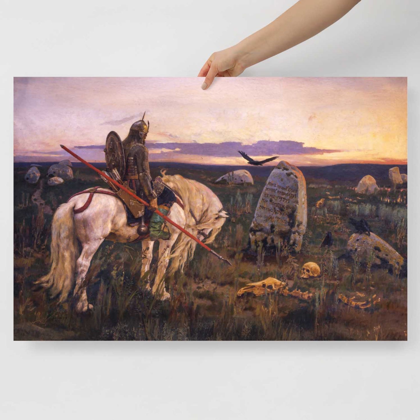 Vasnetsov Knight at the Crossroads poster in ultra-high resolution, featuring a warrior at a stone crossroads, printed on high-quality Japanese paper.