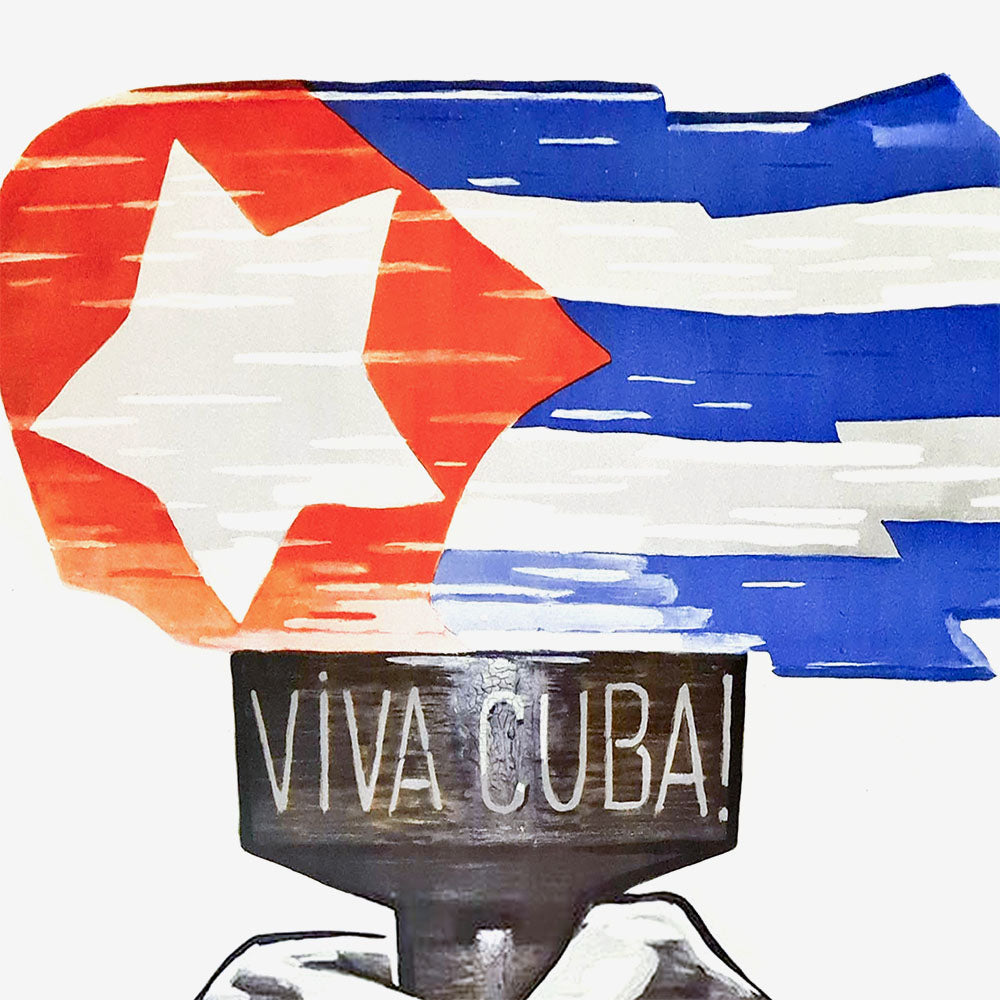 Poster with powerful Cuban design – raised fist holding torch with fire styled as Cuban flag. Red, blue, white and black